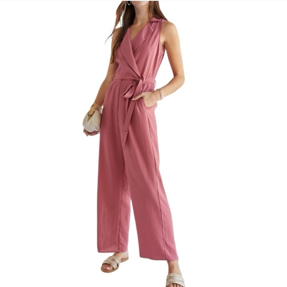 Audrey Parks by Francesca's Kelsey Utility Tie Waist Jumpsuit Pink
